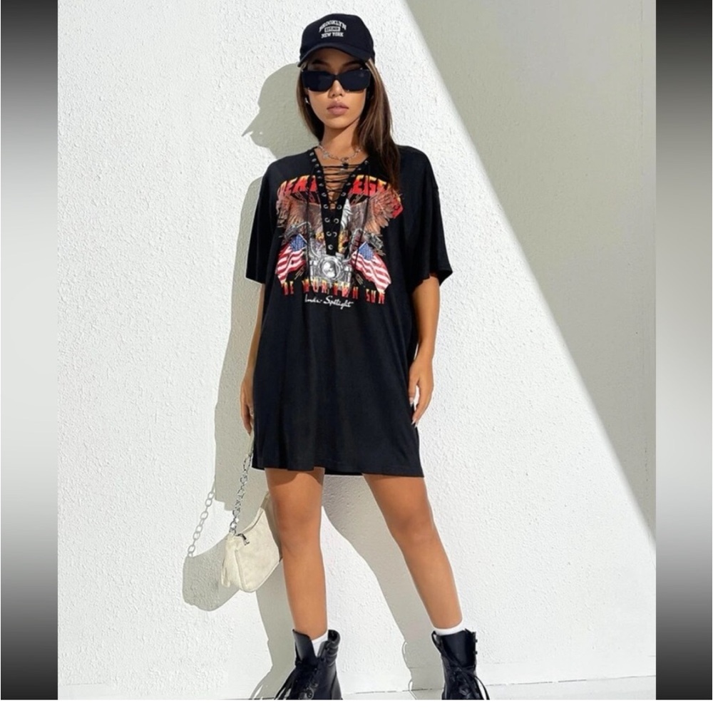 Oversized Black Short Sleeve Lace Up T-Shirt Dress